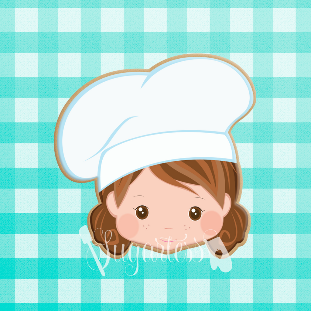 Sugartess custom cookie cutter in shape of a Girl Chef, Baker or Cook Head with Hat and 2 ponytails.