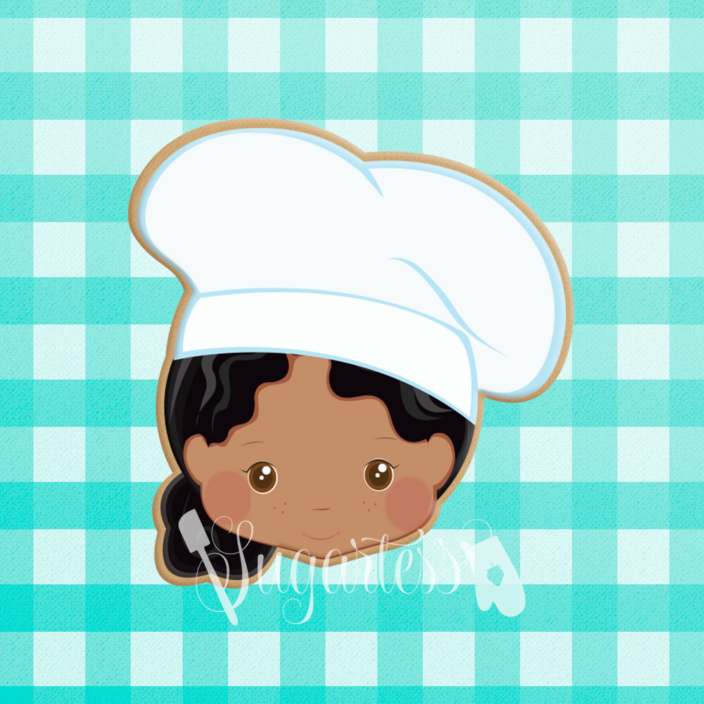 Sugartess custom cookie cutter in shape of Girl Chef, Baker or Cook Head with Hat and 1 side ponytail