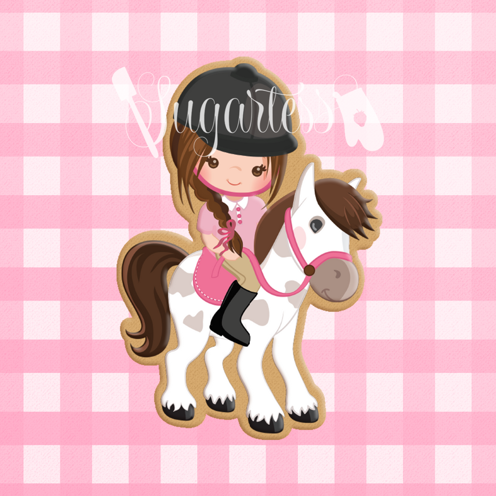 Sugartess custom cookie cutter in shape of a cute girl riding a horse.