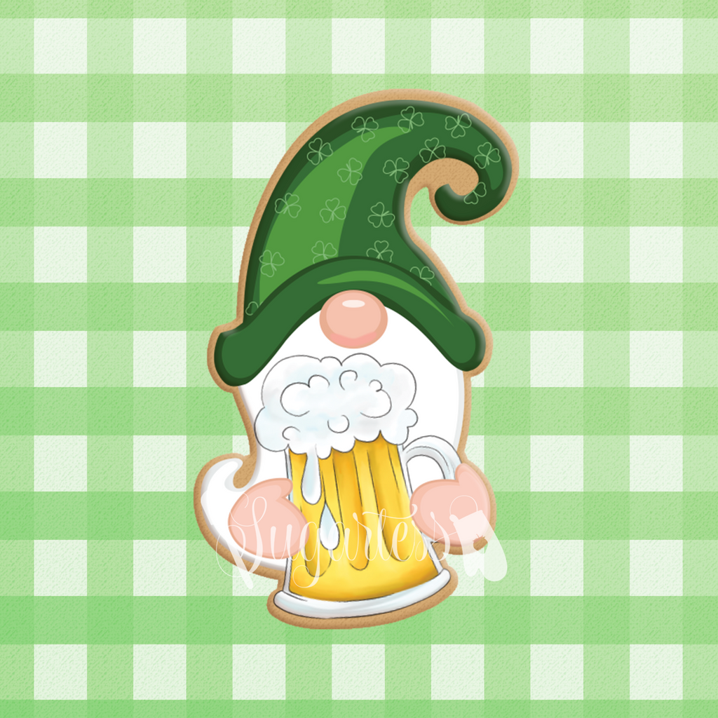 Sugartess custom cookie cutter in shape of Gnome Leprechaun Holding Beer Mug