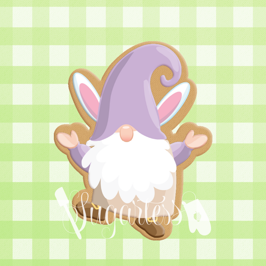 Sugartess custom cookie cutter in shape of Easter gnome with bunny ears hat.
