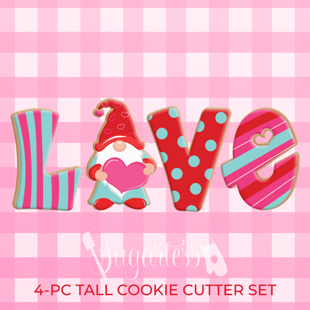 Sugartess custom cookie cutter set of 4 tall LOVE word with gnome holding a heart for letter "O" and letter "E" with cutout center heart.