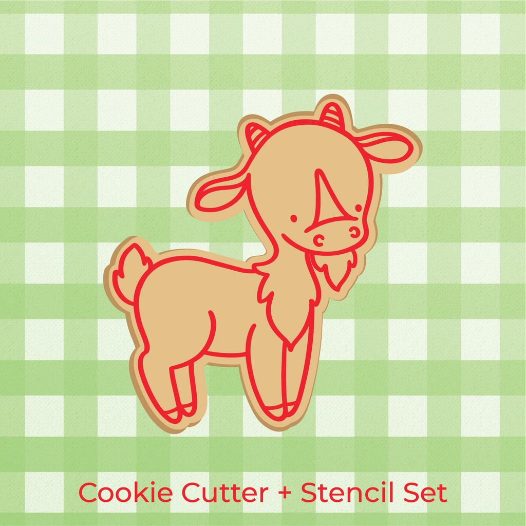 Sugartess cookie in shape of farm goat and stencil lines printed on top.