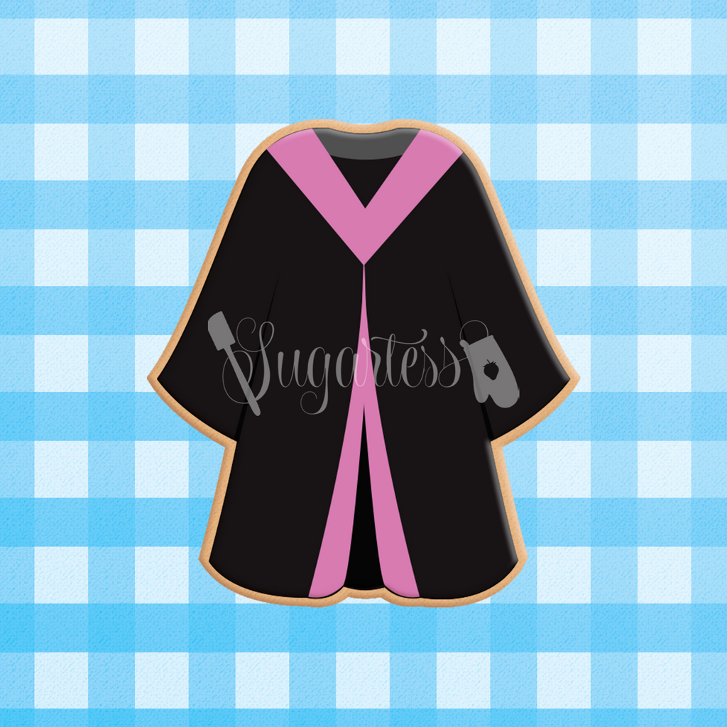 Sugartess custom cookie cutter in shape of graduation gown or grad robe.