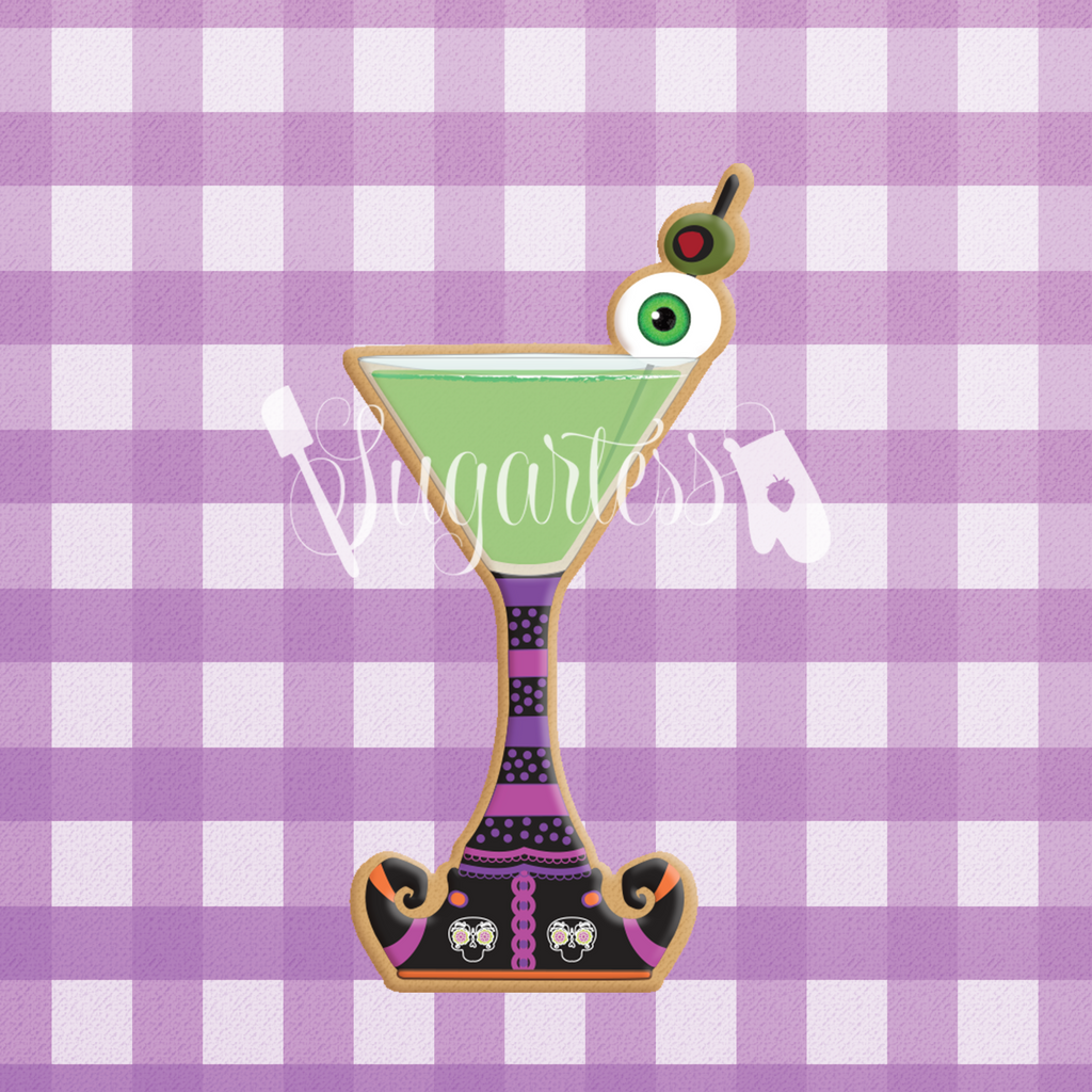 Sugartess custom cookie cutter in shape of witch's cocktail glass.