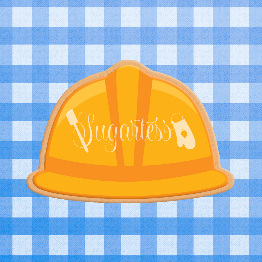 Sugartess custom cookie cutter in shape of contractor safety hard hat, front view.