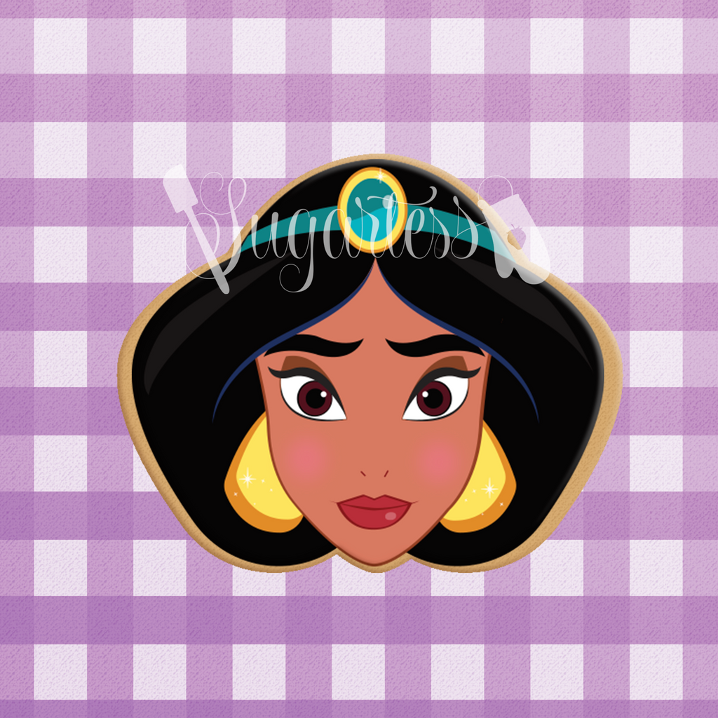 Sugartess custom cookie cutter in shape of Princess Jasmine's head.