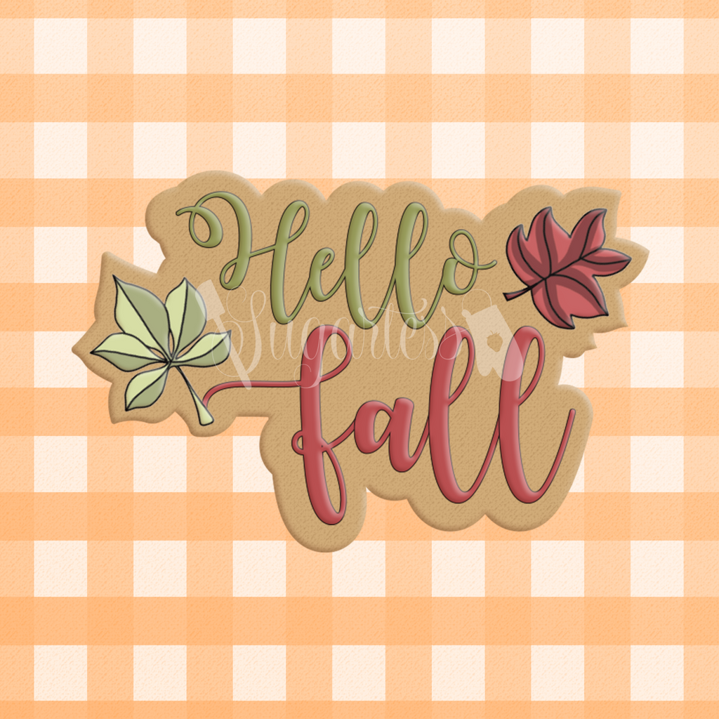 Sugartess custom cookie cutter in shape of Hello Fall Cursive Letter Word Plaque.
