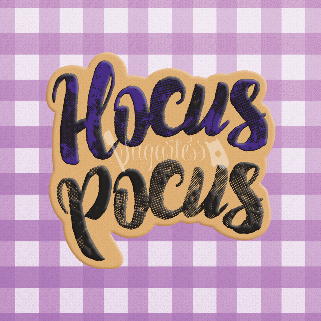 Sugartess custom cookie cutter in shape of Hocus Pucus word plaque.
