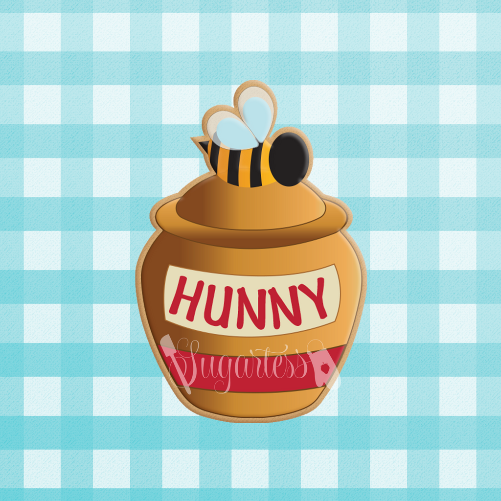 Sugartess custom cookie cutter in shape of Honey Pot with Bee on Lid.