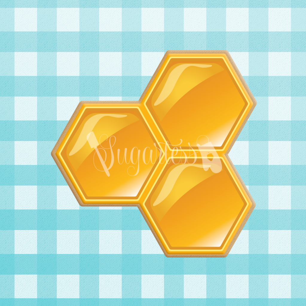 Sugartess custom cookie cutter in shape of a simple 3-hexagon bee honeycomb.