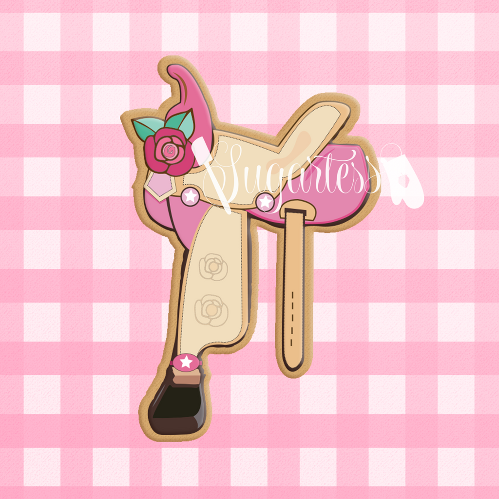 Sugartess custom cookie cutter in shape of cowgirl floral horse saddle