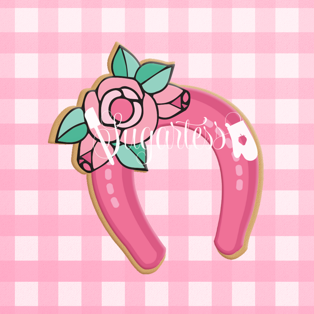 Sugartess custom cookie cutter in shape of a cowgirl floral horseshoe