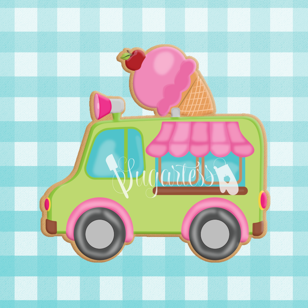 Sugartess custom cookie cutter in shape of Ice Cream Truck with Ice Cream Cone On Top.