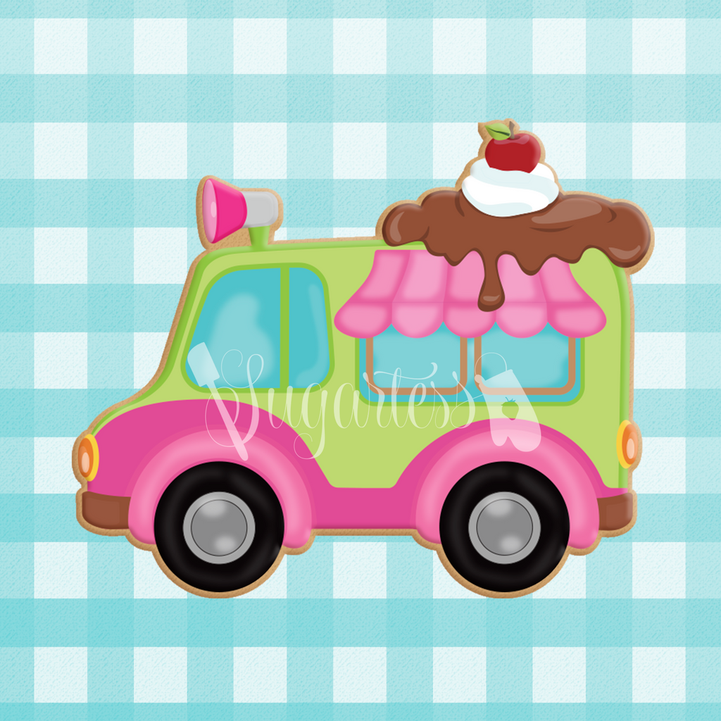 Sugartess custom cookie cutter in shape of ice cream truck with melted ice cream on top.