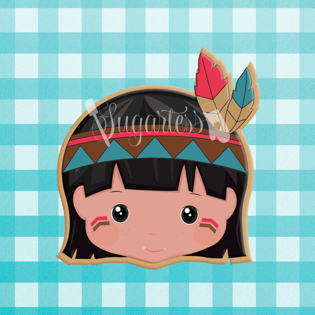 Sugartess custom cookie cutter in shape of Native American Indian Boy Head with Feather Headband.