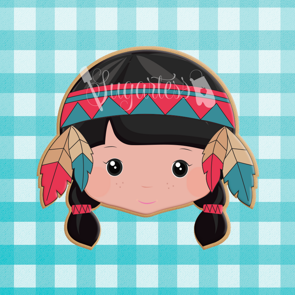 Sugartess custom cookie cutter in shape of Native American Indian Girl Head with Feather Headband and Braids.