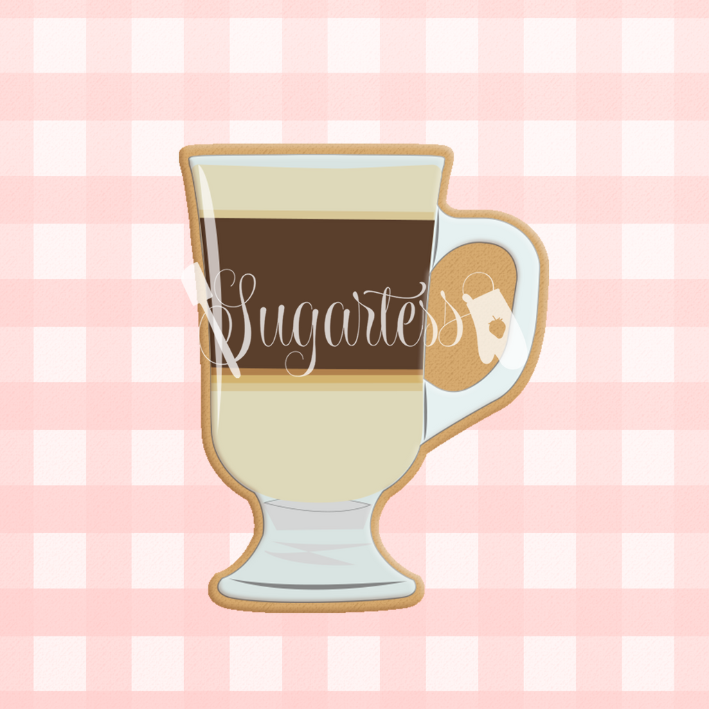 Sugartess custom cookie cutter in shape of Irish coffee in glass mug.