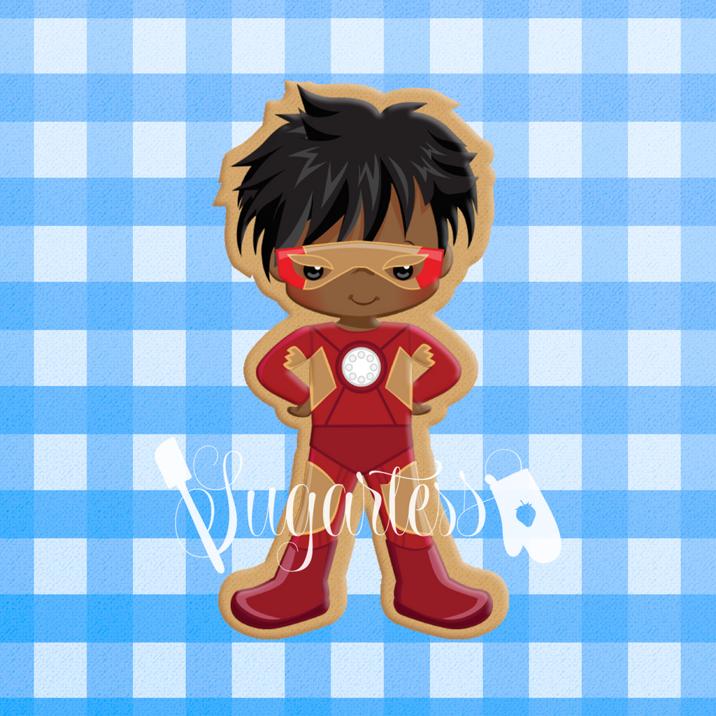 Sugartess custom cookie cutter in shape of African American Iron Boy superhero.
