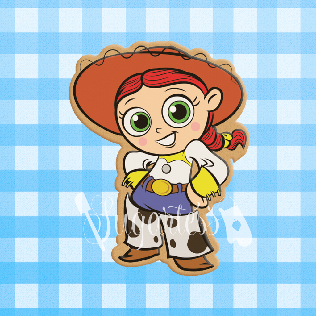 Sugartess custom cookie cutter in shape of toy cowgirl character.