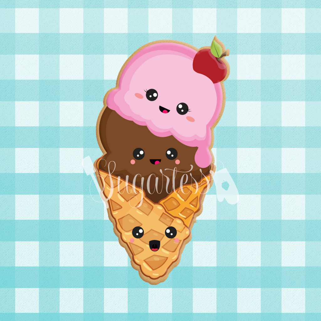 Sugartess custom cookie cutter in shape of Melting Top Kawaii Chubby Double Scoop Ice Cream Waffle Cone.