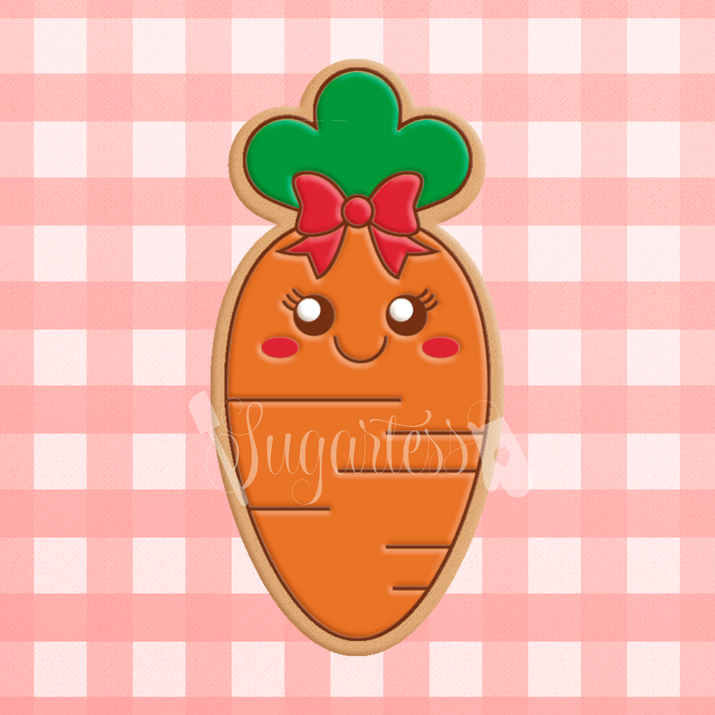 Sugartess cookie cutter in shape of   Kawaii Carrot.. 3D printed from biodegradable  PLA plastic in diferent sizes ranging from 2 to 6 inches.