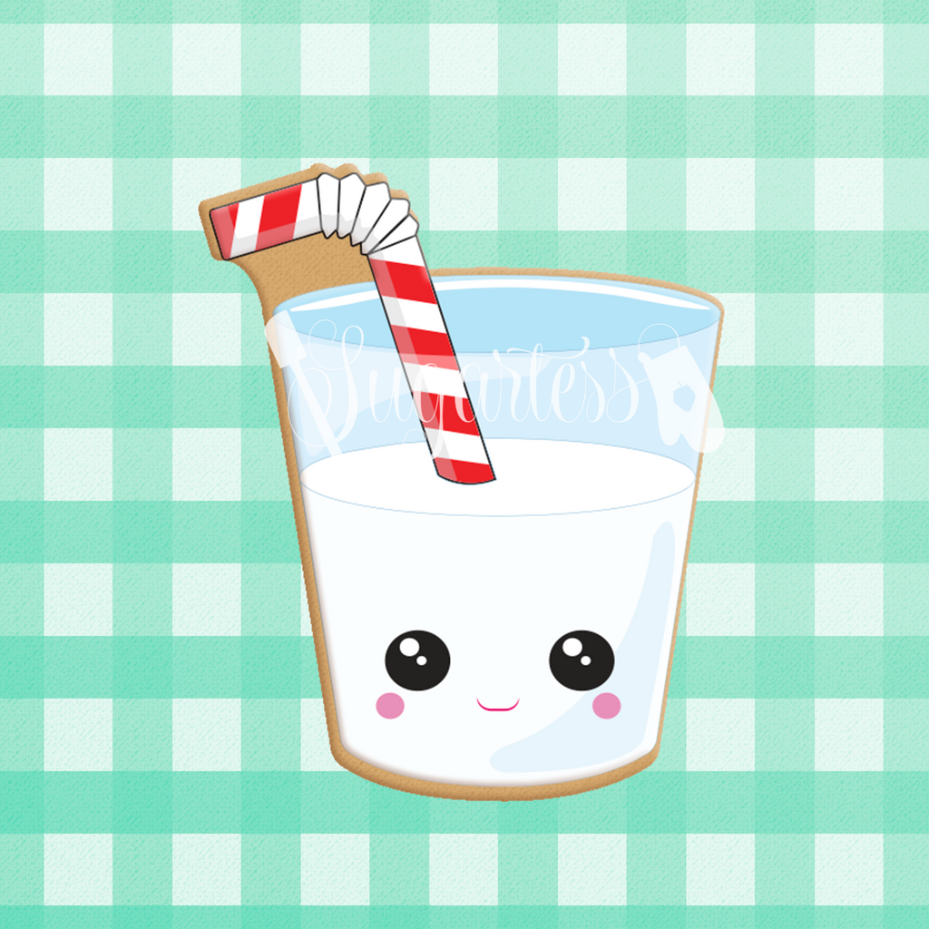 Sugartess custom cookie cutter in shape of kawaii glass of milk with straw.