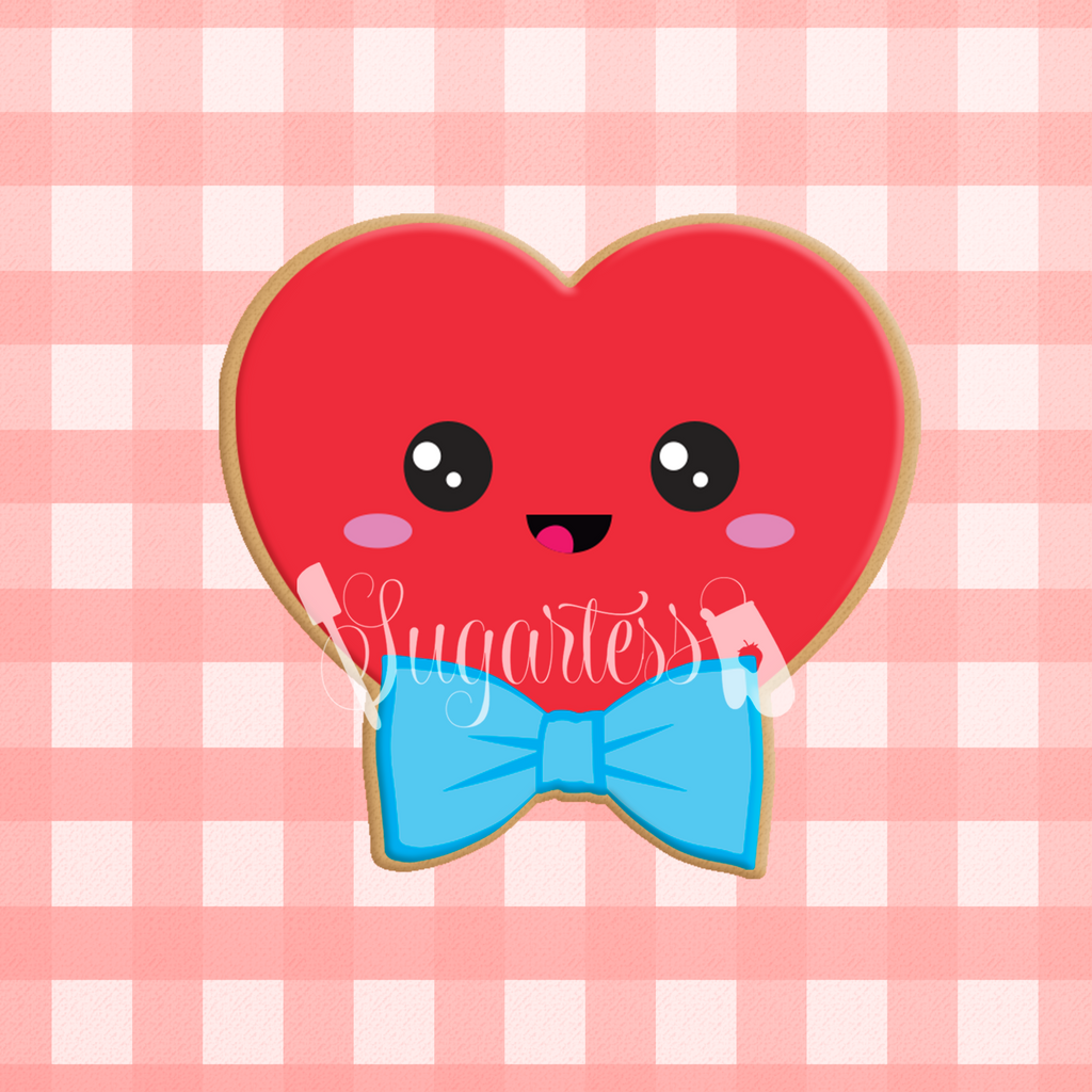 Sugartess custom cookie cutter in shape of kawaii heart with bow tie.