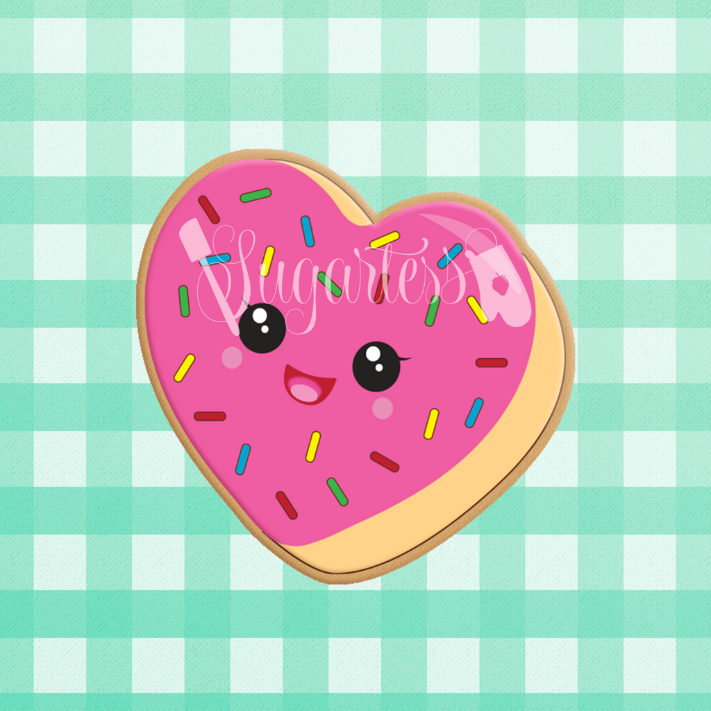 Sugartess custom cookie cutter in shape of kawaii heart-shaped donut with sprinkles.