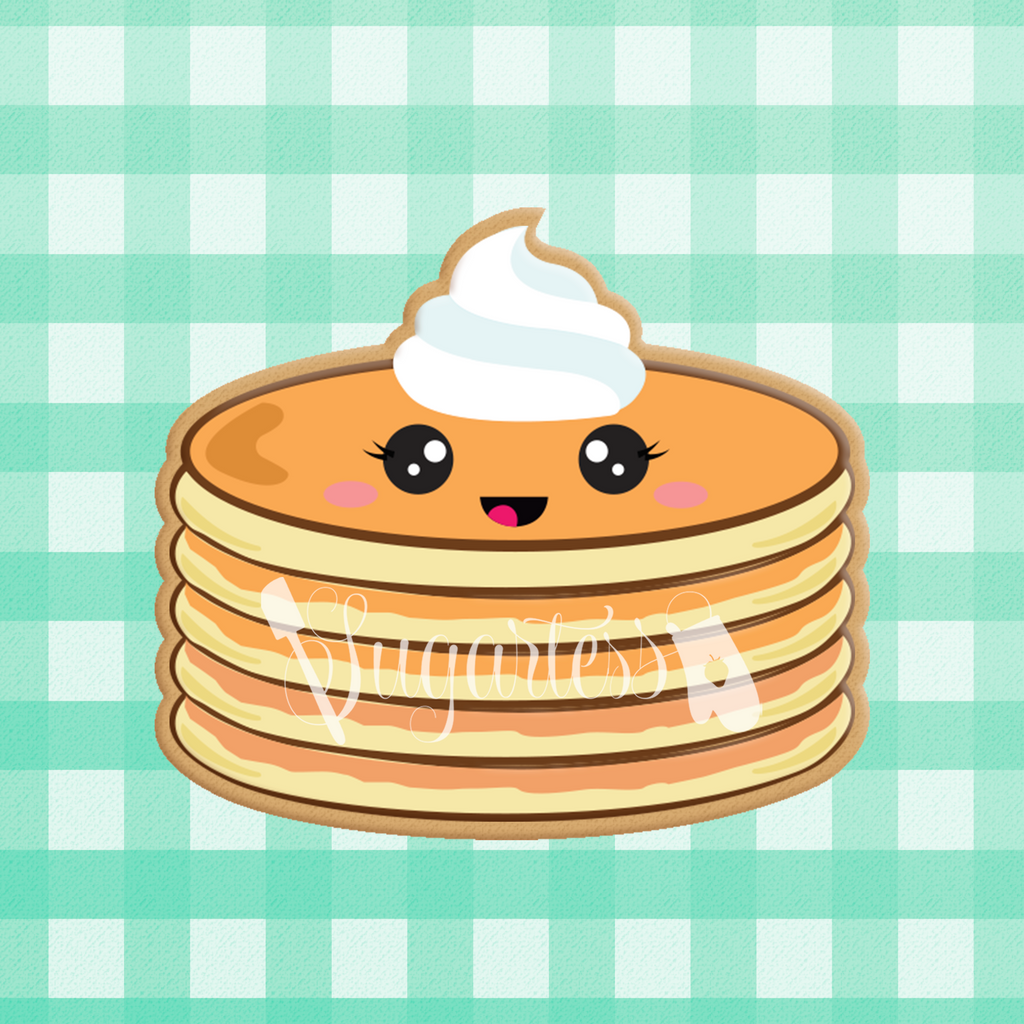 Sugartess custom cookie cutter in shape of kawaii stack of pancakes with whipped cream on top.