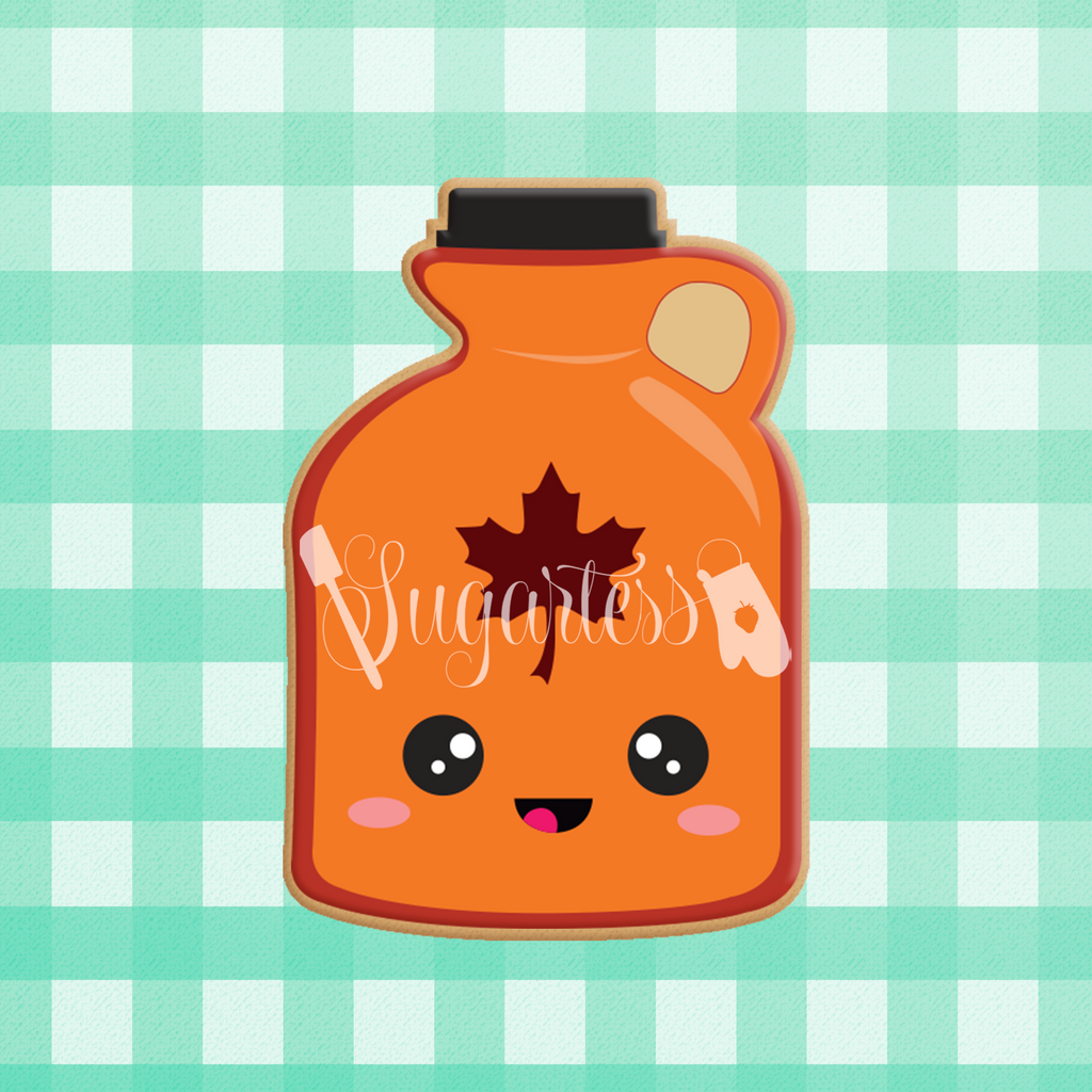 Sugartess custom cookie cutter in shape of kawaii chubby maple syrup bottle.