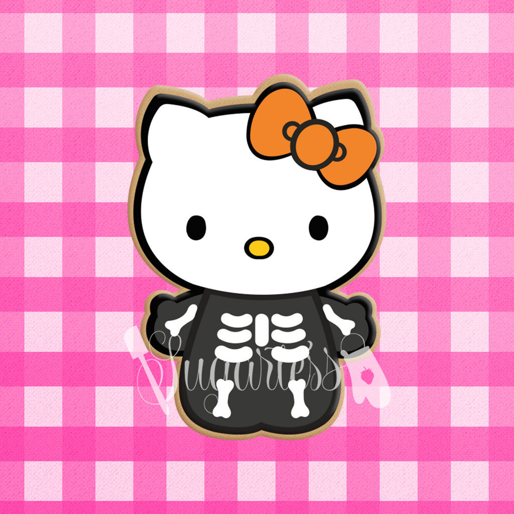 Sugartess custom cookie cutter in shape of Halloween Kitty wearing skeleton costume.