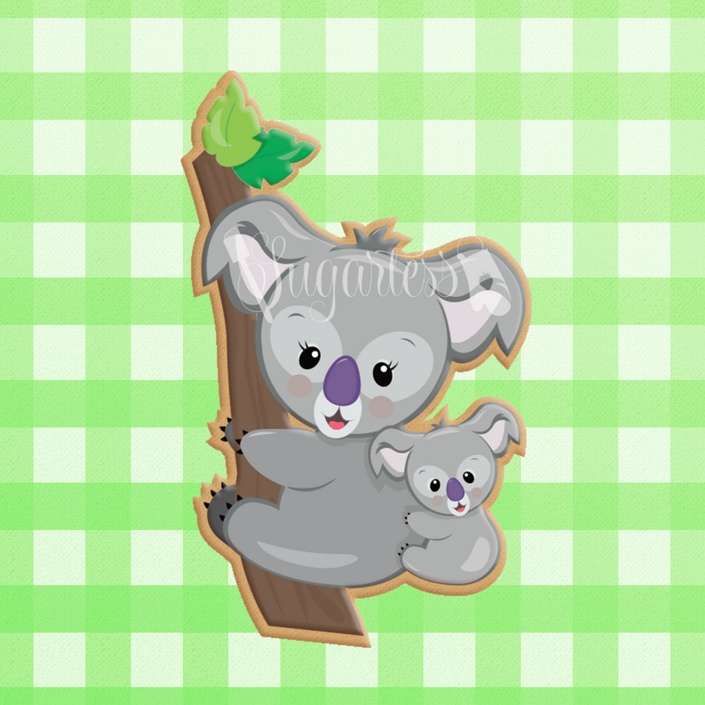 Sugartess custom cookie cutter in shape of mom koala bear climbed on tree with baby.