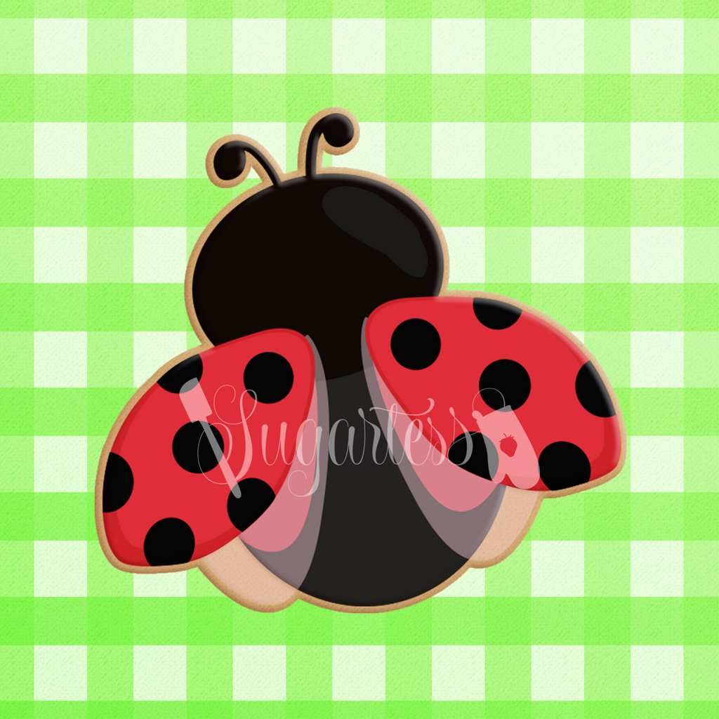 Sugartess custom cookie cutter in shape of ladybug in flight - back view.