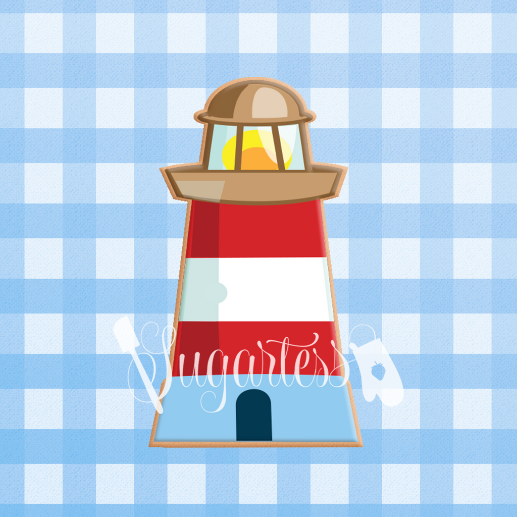 Sugartess custom cookie cutter in shape of nautical beach lighthouse.