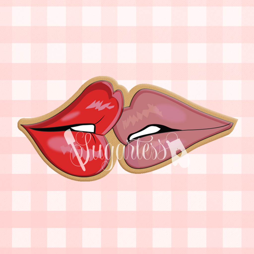 Sugartess custom cookie cutter in shape of kissing lips, boy and girl.