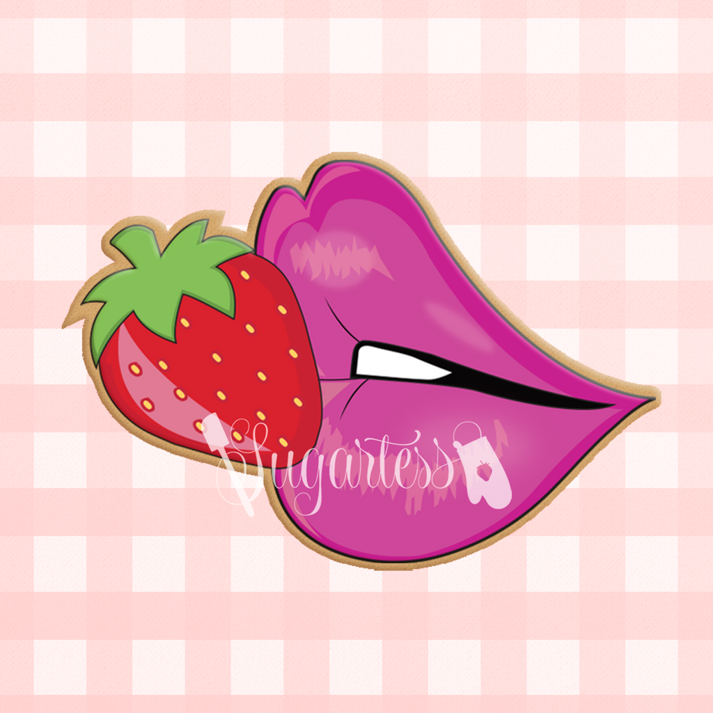 Sugartess custom cookie cutter in shape of sensual lips with strawberry.