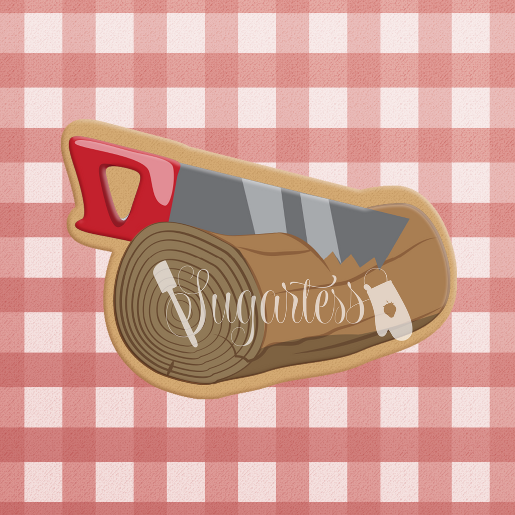 Sugartess custom cookie cutter in shape of wood log with saw cutting through.