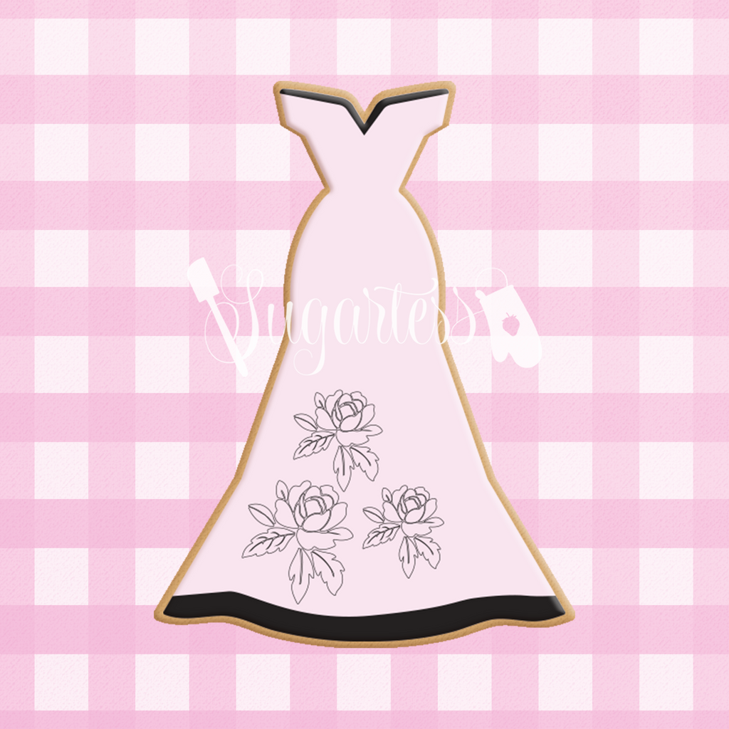 Sugartess custom cookie cutter in shape of long strapless dress.