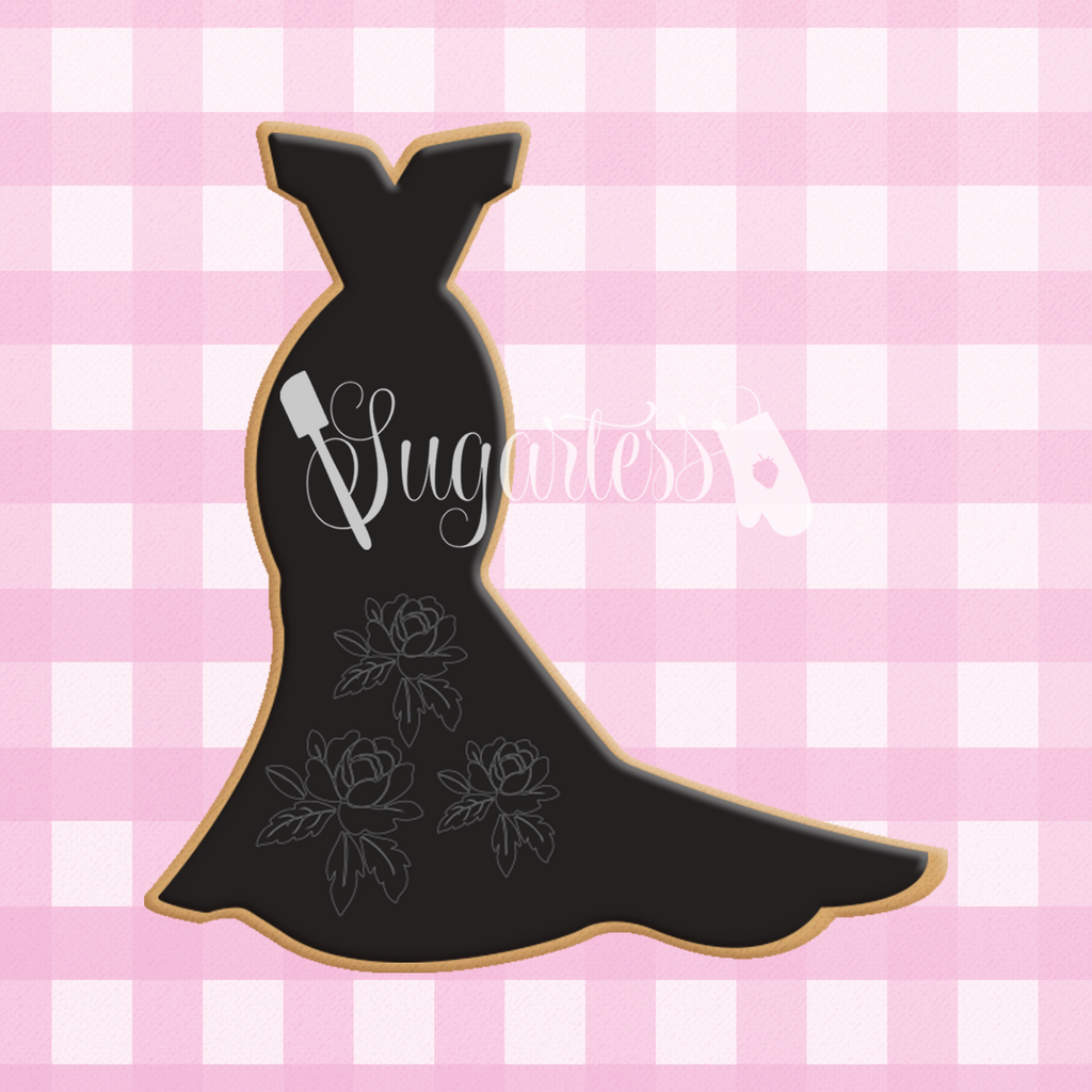 Sugartess custom cookie cutter in shape of long strapless dress with tail.