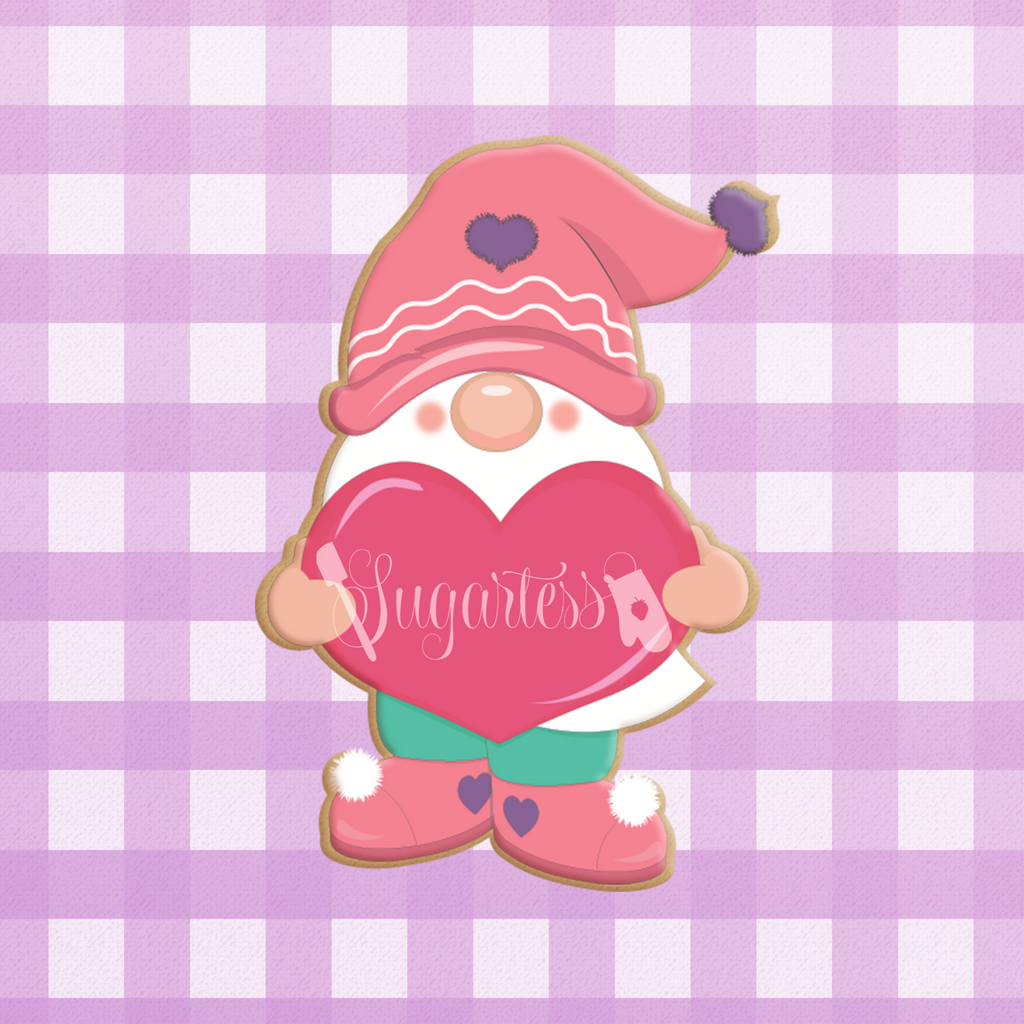 Sugartess custom cookie cutter in shape of Valentine's Love Gnome with Heart