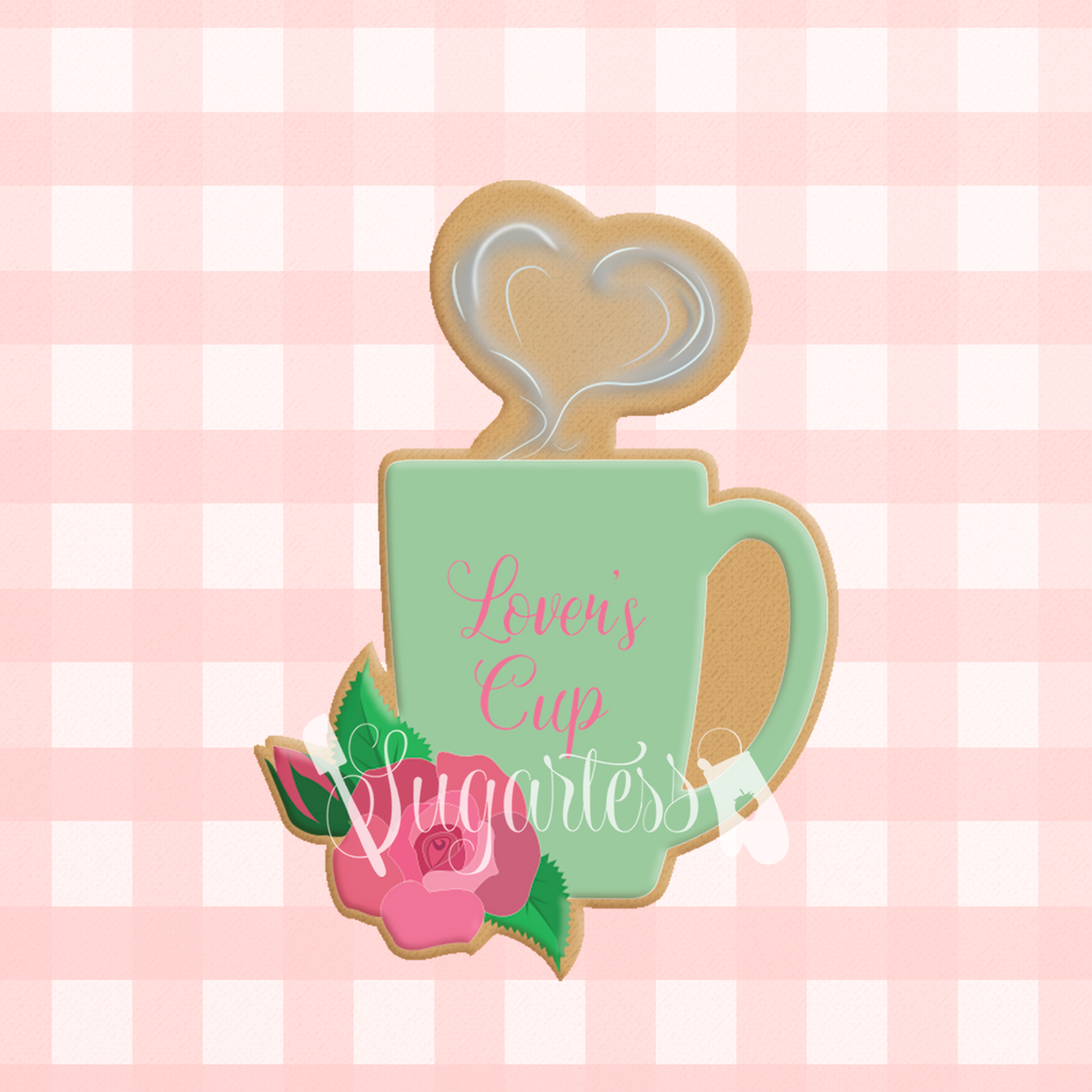 Sugartess custom cookie cutter in shape of floral rose mug with heart-shaped smoke.