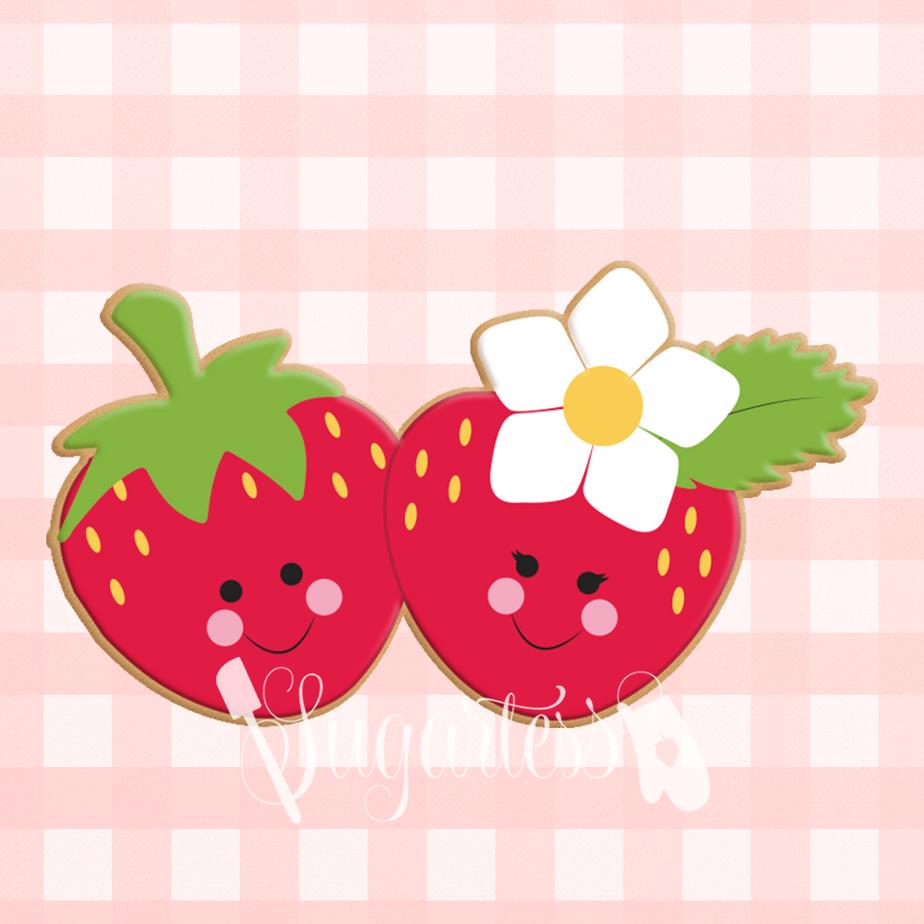 Sugartess custom cookie cutter in shape of cute kawaii love girl and boy strawberries.
