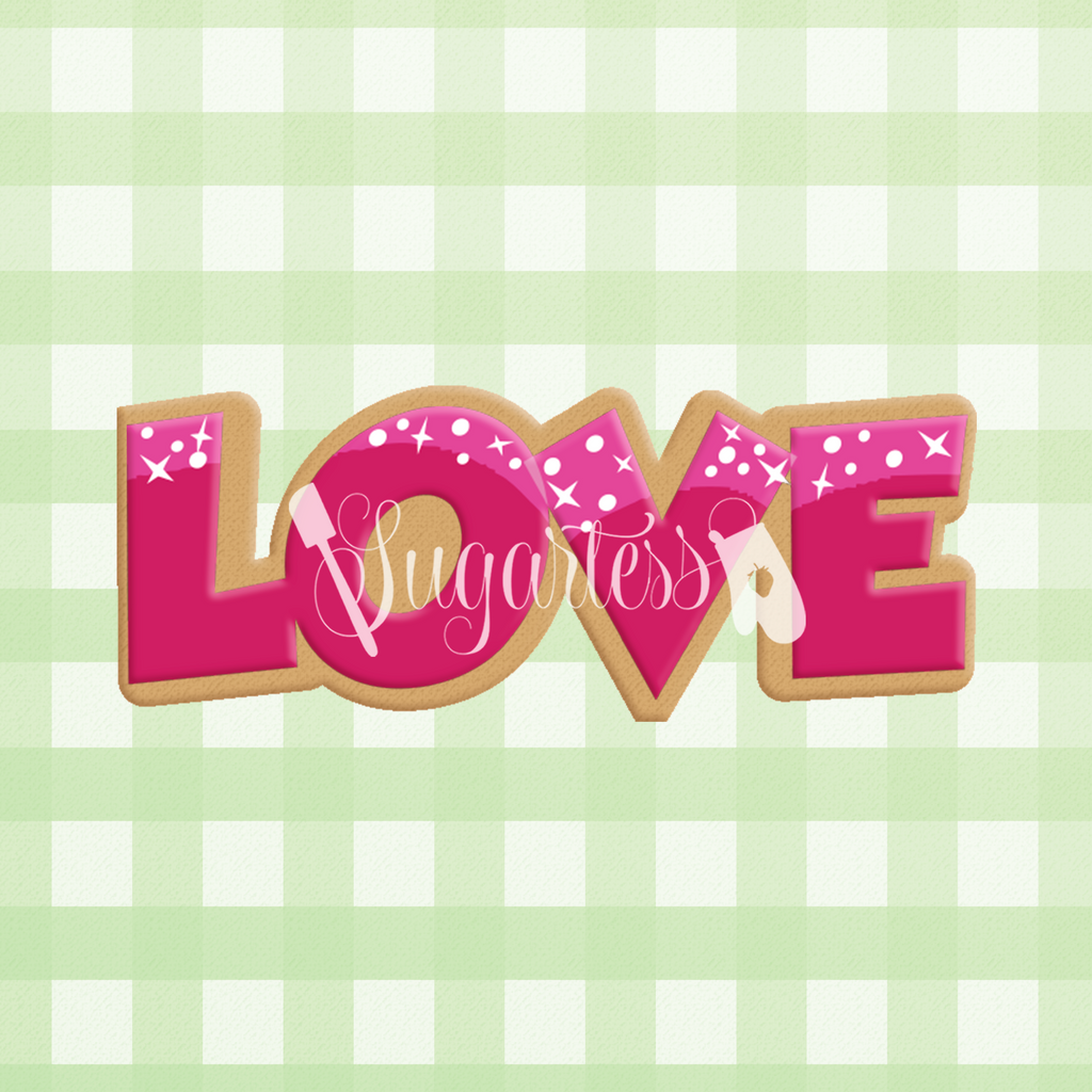 Sugartess custom cookie cutter in shape of word love in upper case letters.