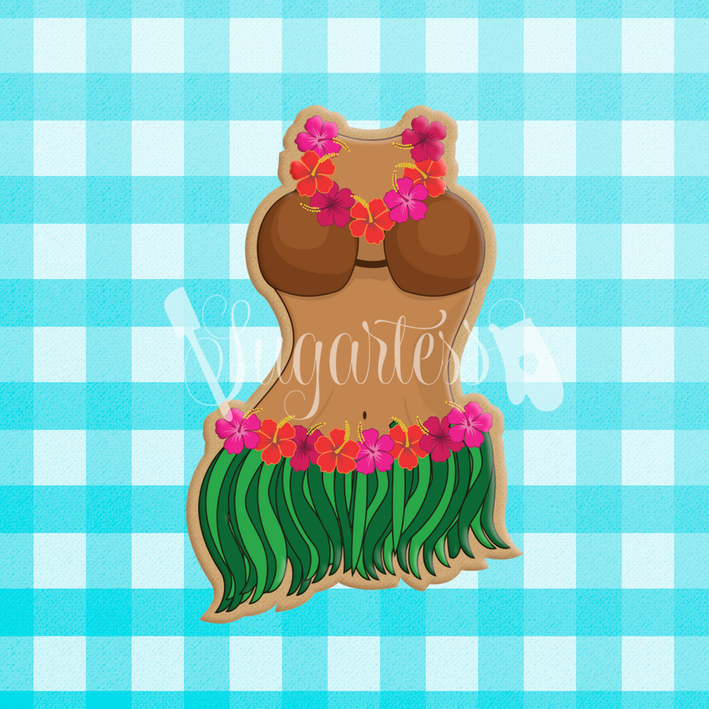 Sugartess luau theme party hula girl body torso, short leaf skirt, coconut bikini top, and Hawaiian hibiscus leis necklace.