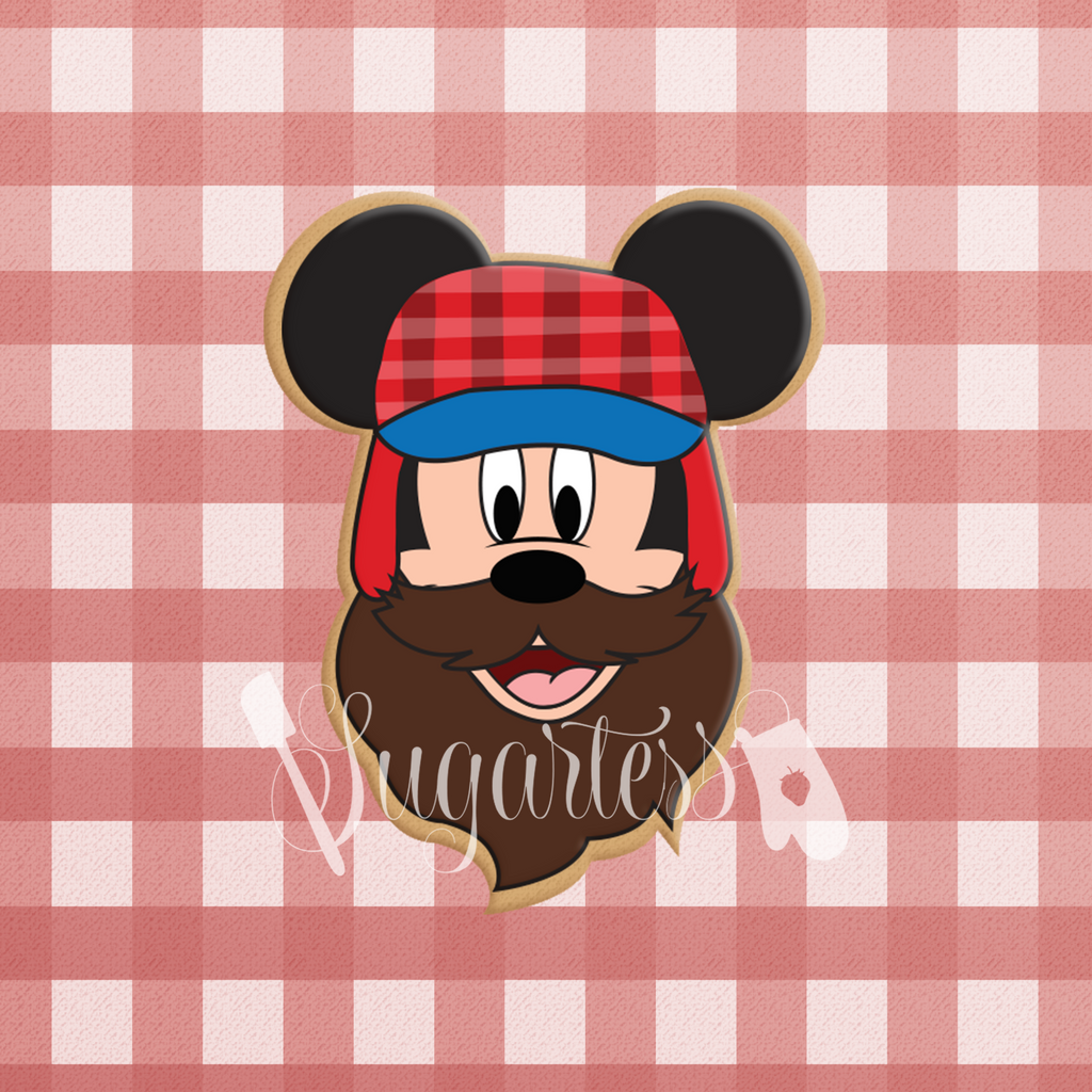 Sugartess custom cookie cutter in shape of lumberjack mouse head with flapper hat and beard.