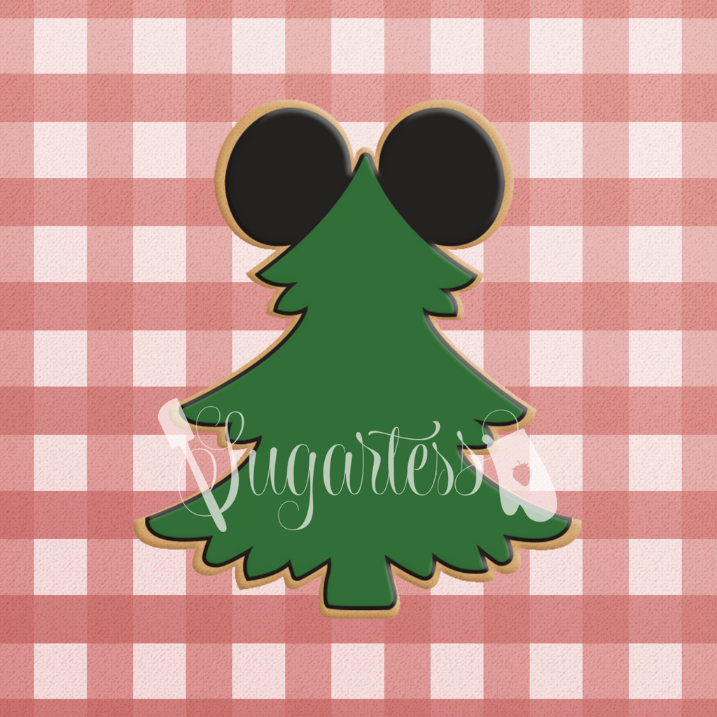 Sugartess custom cookie cutter in shape of woodland lumberjack pine tree with mouse ears.