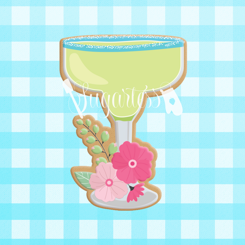 Sugartess custom cookie cutter in shape of margarita glass with flowers.