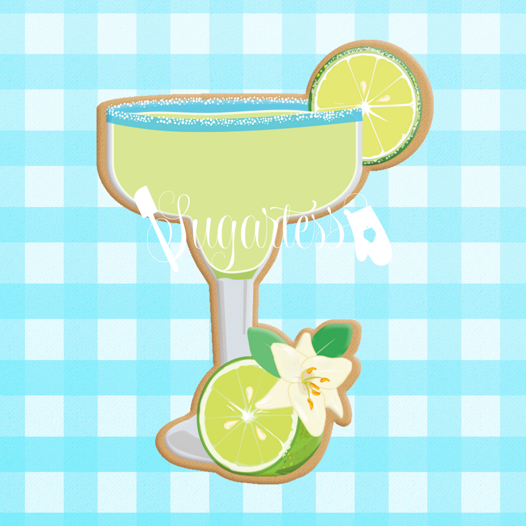 Sugartess custom cookie cutter in shape of margarita drink with lemons and blossom.