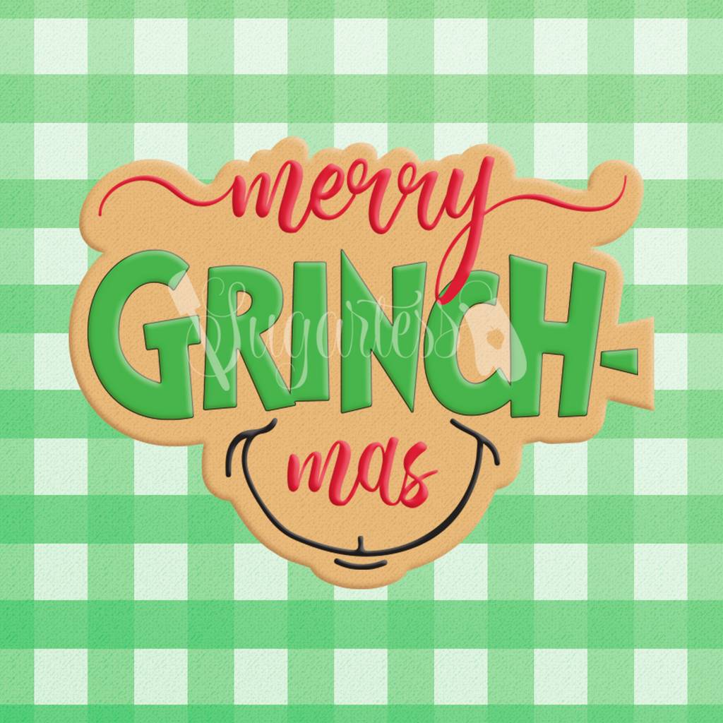 Sugartess custom Christmas cookie cutter in shape of  word plaque: Merry Grinch-mas